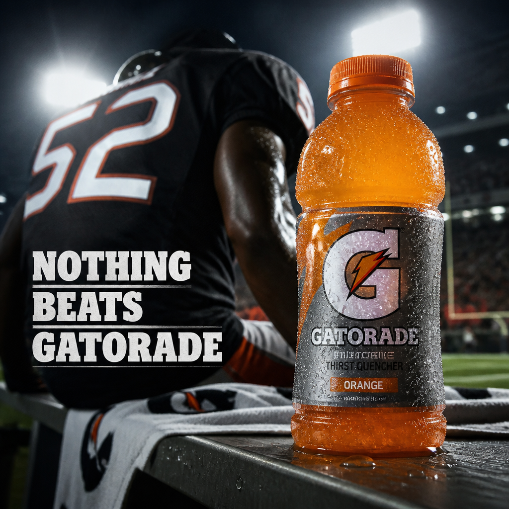 Gatorade sports ad with a cold bottle beside an athlete under stadium lights.