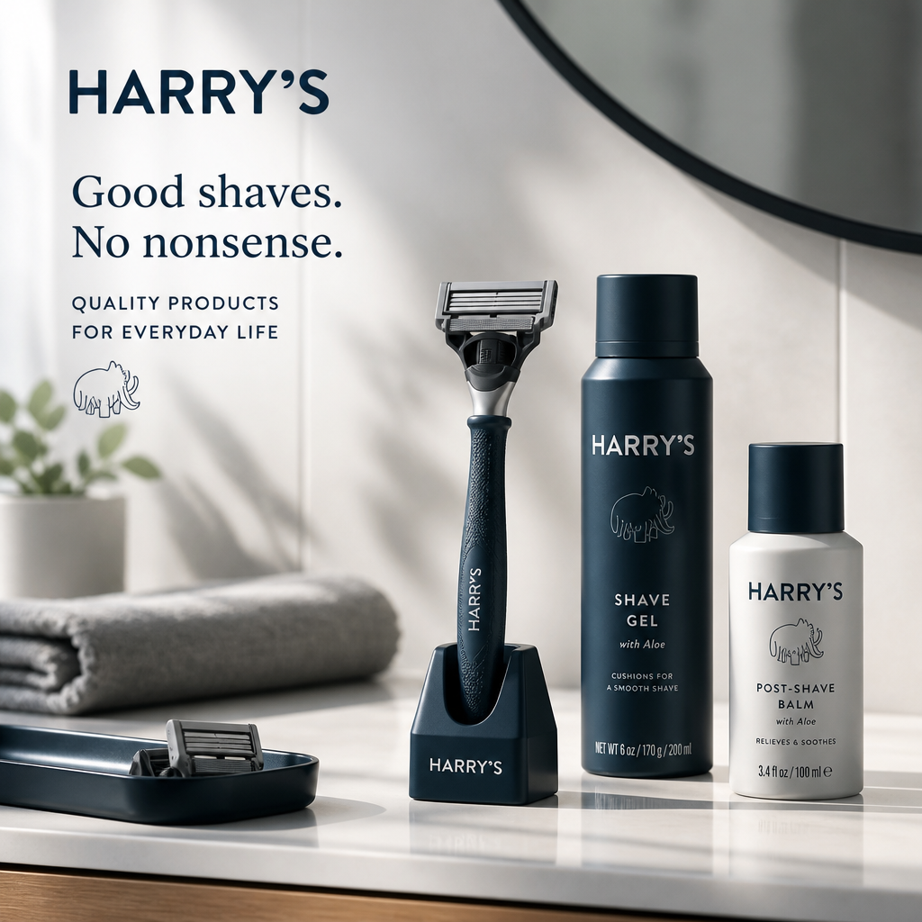 Harry's grooming ad with razors and shave products arranged on a bathroom counter.
