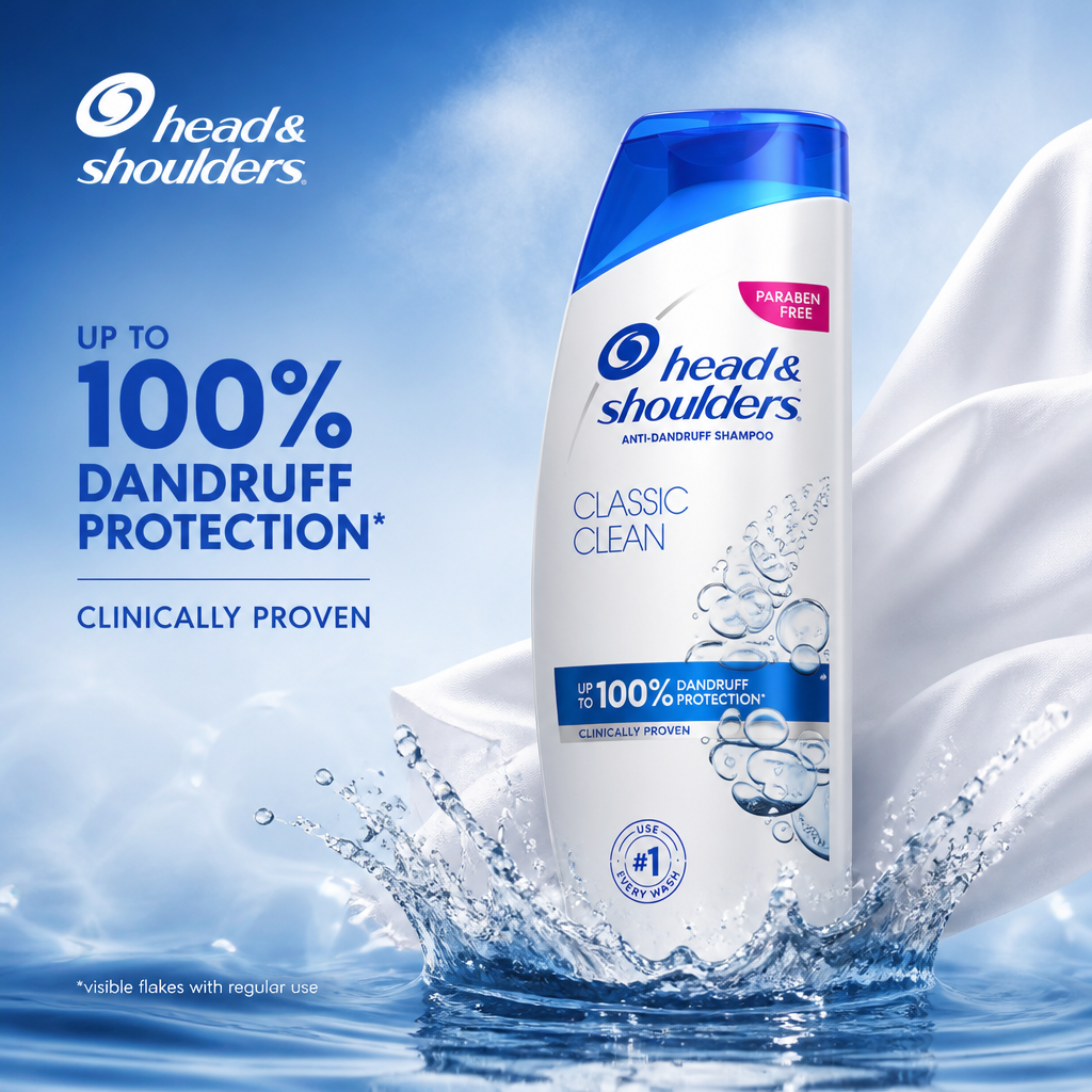 Head and Shoulders campaign featuring a clean shampoo bottle emerging from water.
