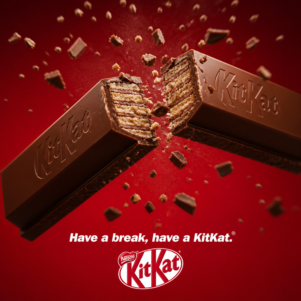 KitKat ad with a chocolate bar breaking apart against a bright red background.