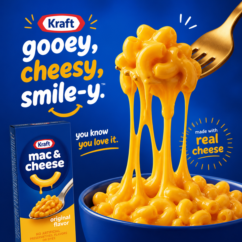 Kraft Mac and Cheese ad with stretchy macaroni and playful packaging graphics.