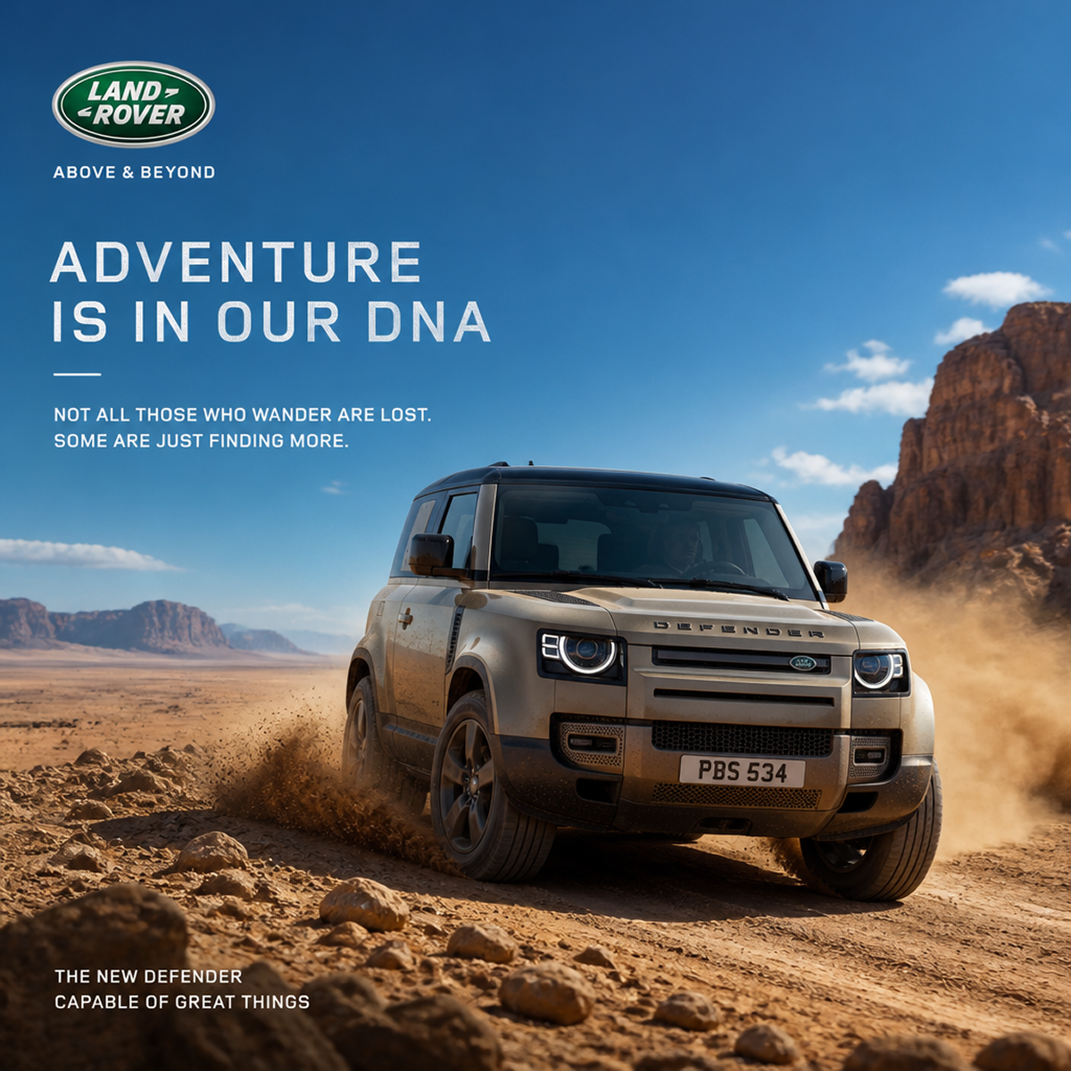 Land Rover campaign image showing a Defender driving through a desert landscape.