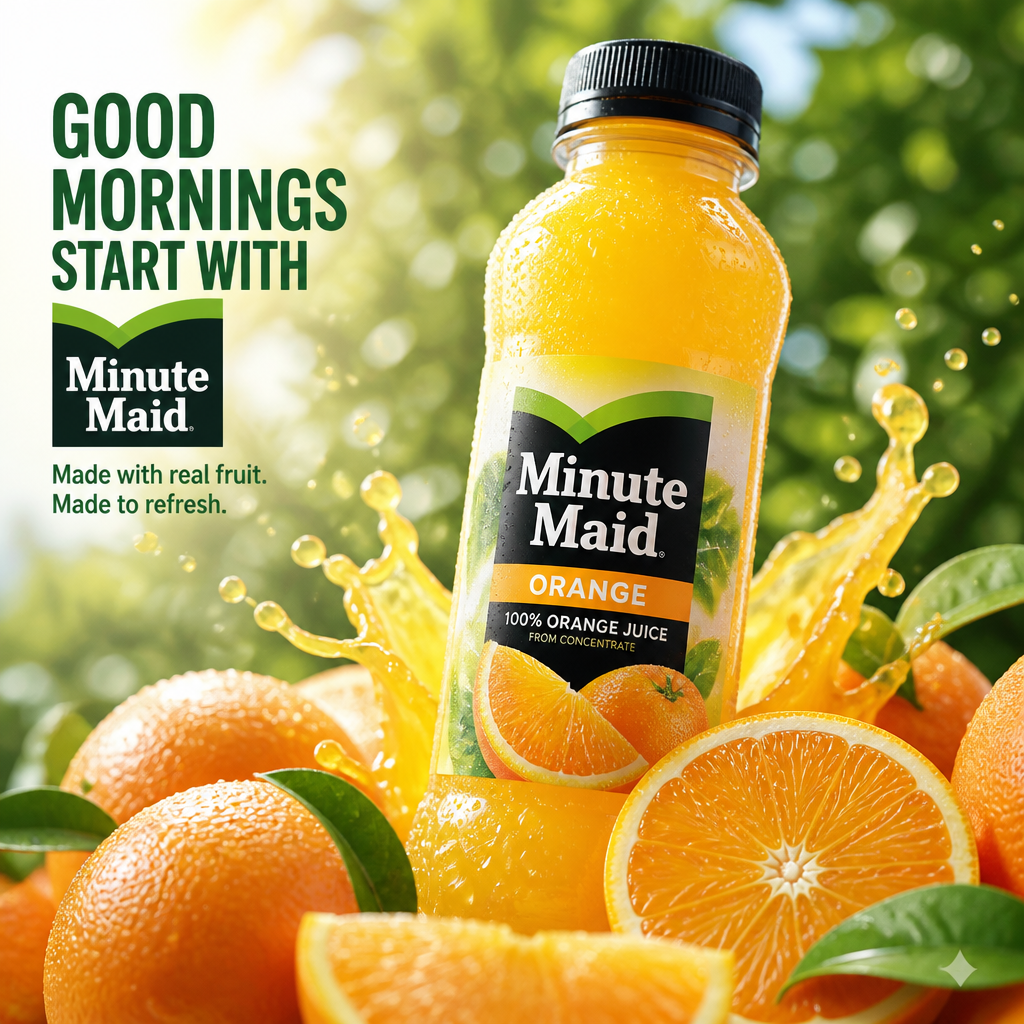 Minute Maid orange juice ad featuring a chilled bottle and fresh citrus splash.