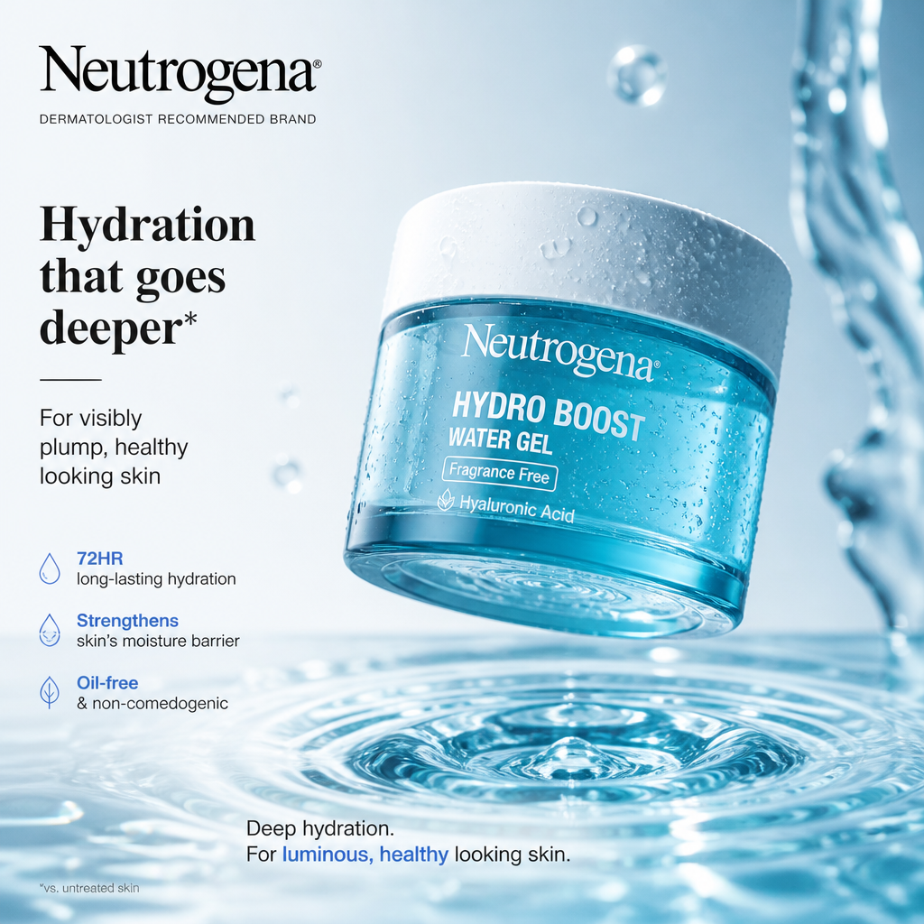 Neutrogena Hydro Boost skincare ad with the jar floating over rippling water.