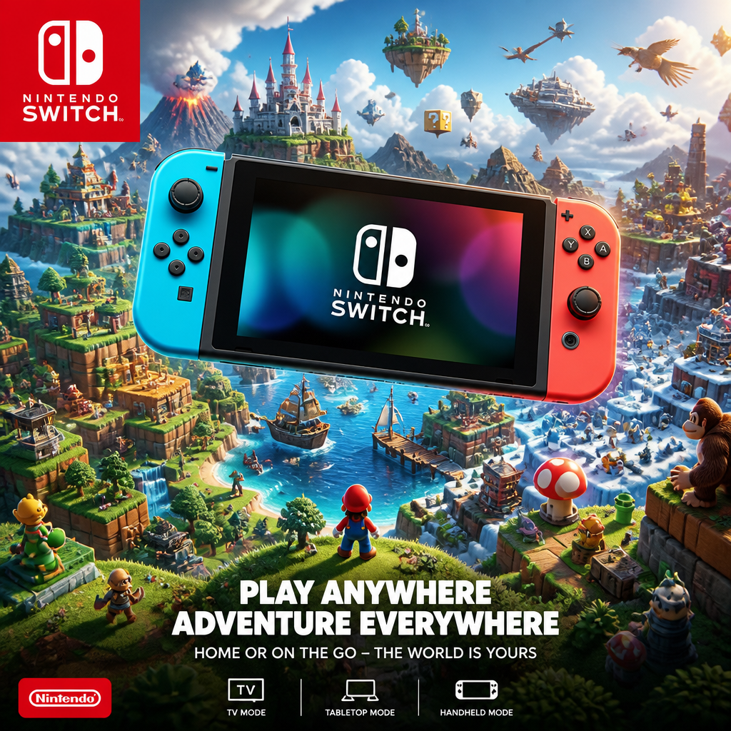 Nintendo Switch ad with the console centered over a colorful fantasy landscape.