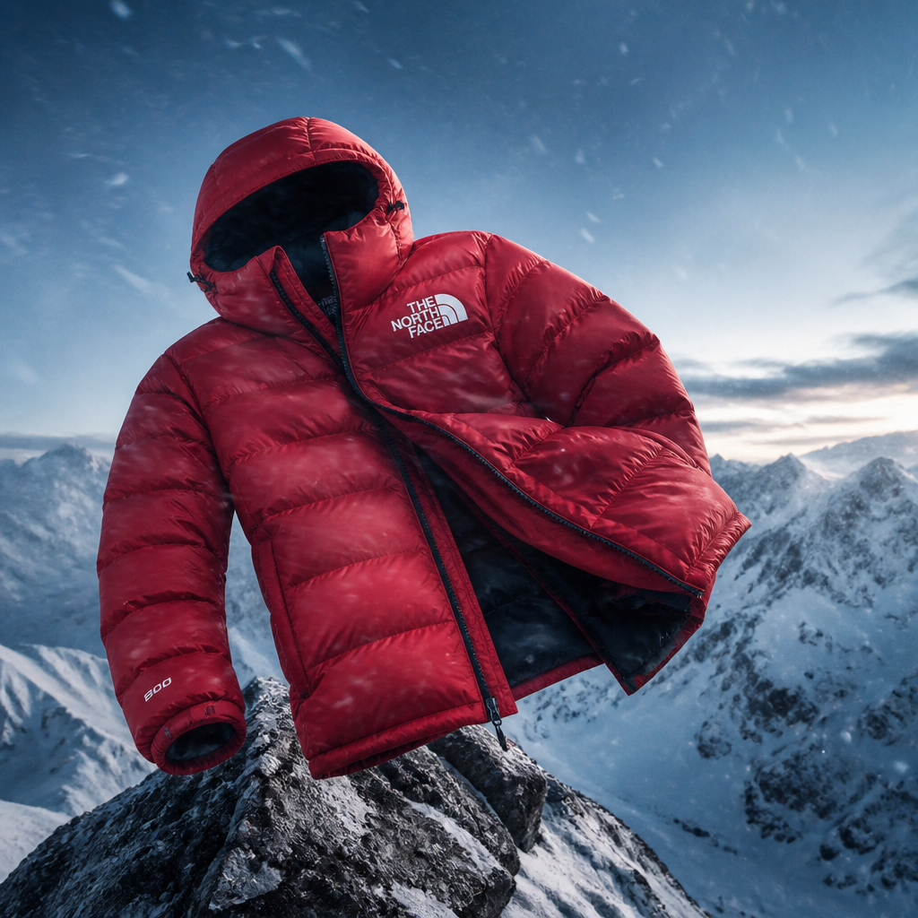 The North Face outerwear campaign featuring a red puffer jacket above snowy peaks.