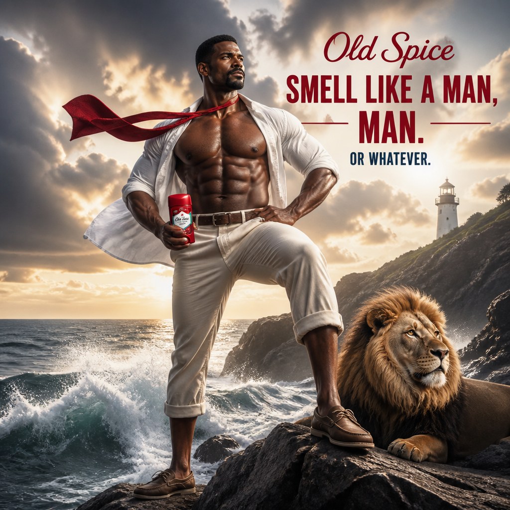 Old Spice ad with a humorous heroic character posed on coastal rocks.