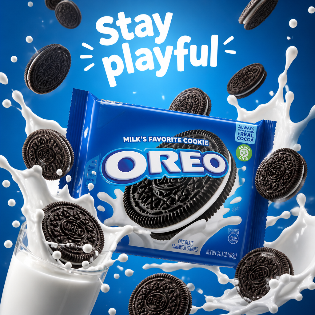 Oreo ad with cookies and milk splashes orbiting bright blue packaging.