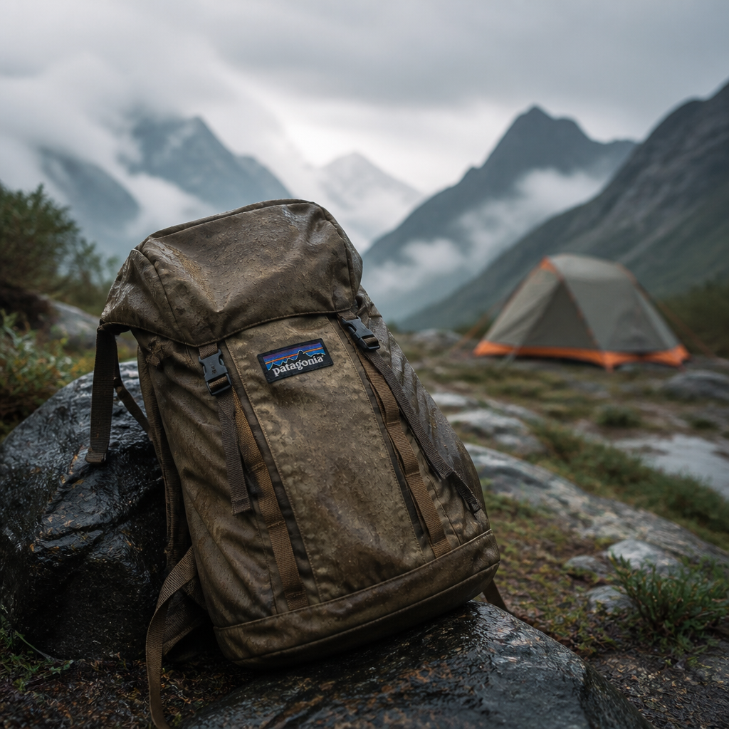 Patagonia backpack product image staged in a wet alpine campsite.