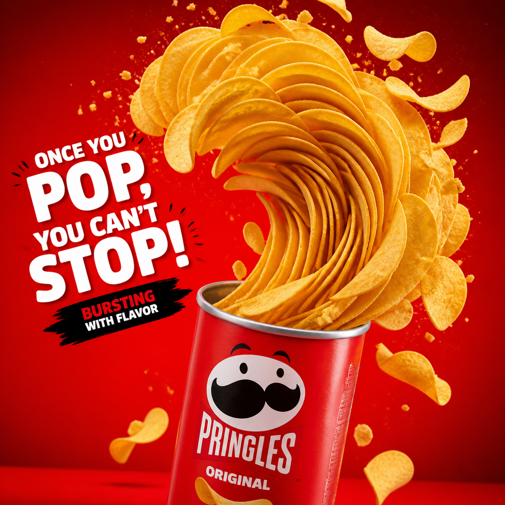 Pringles ad with a dramatic chip wave bursting from the can.