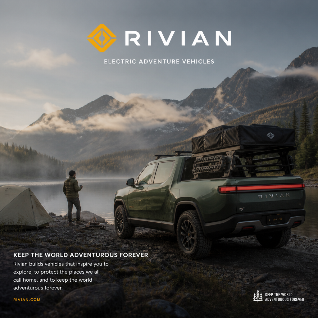Rivian outdoor campaign featuring a truck parked beside a mountain lake at dawn.
