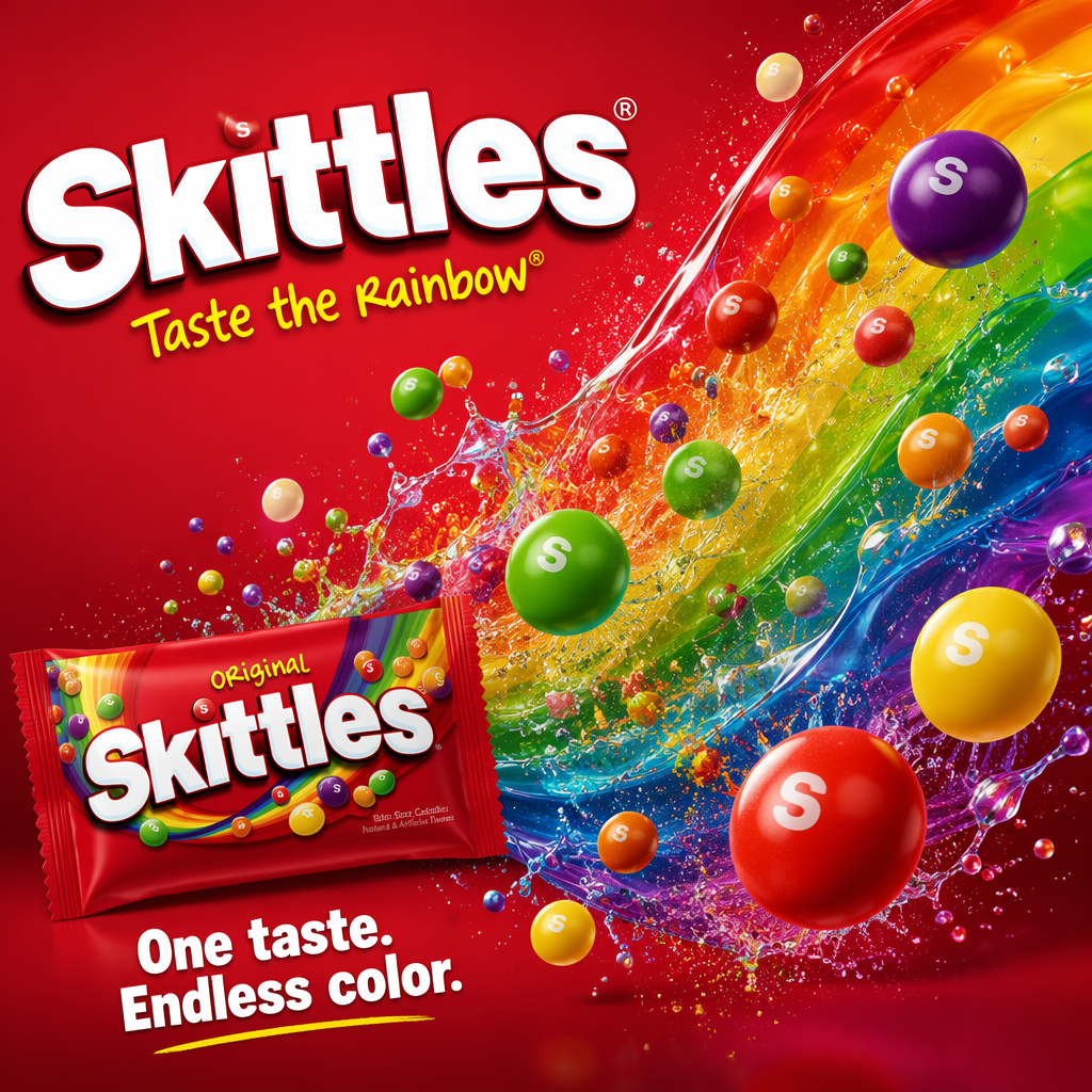Skittles ad with rainbow liquid motion and candy pieces flying across the frame.