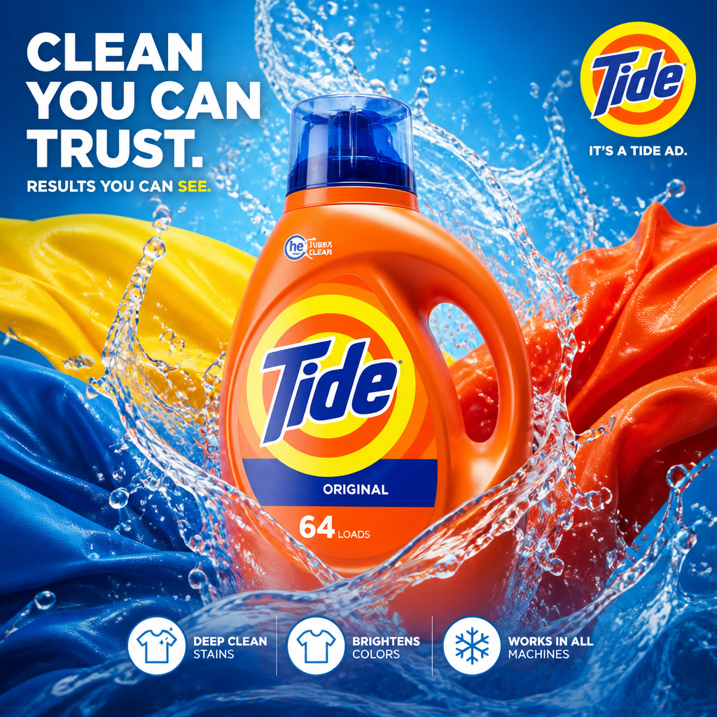 Tide detergent ad with a splashy fabric backdrop and bold product-first layout.