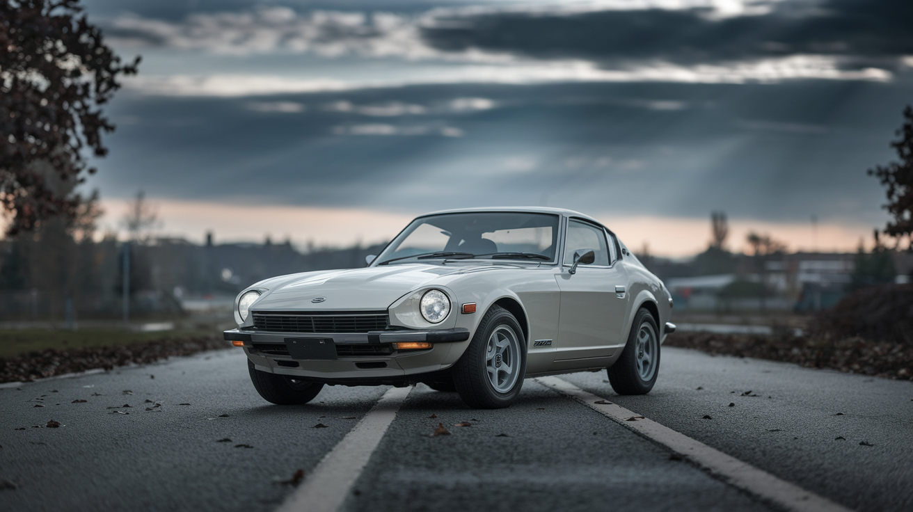 A classic White Datsum 240z sitting in the middle of the road on a moody day, cinematic and stock
