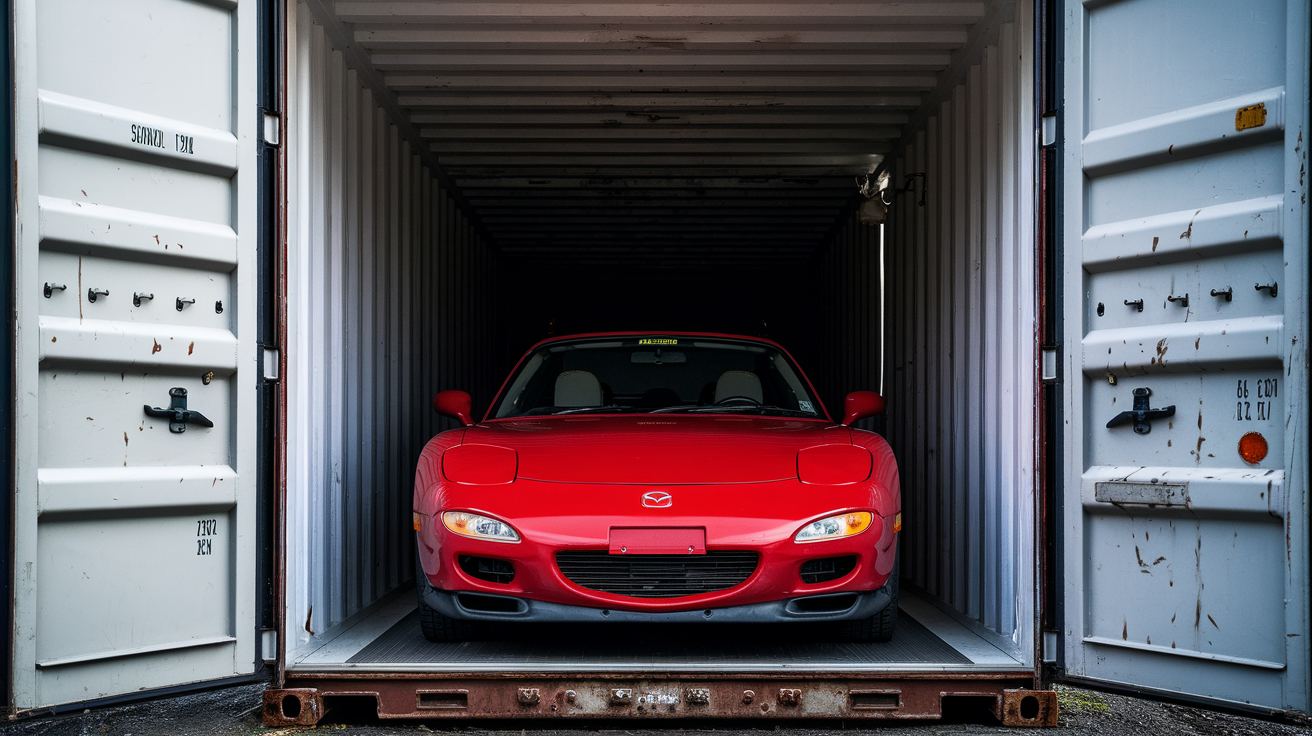 Mazda RX7 inside a shiping container