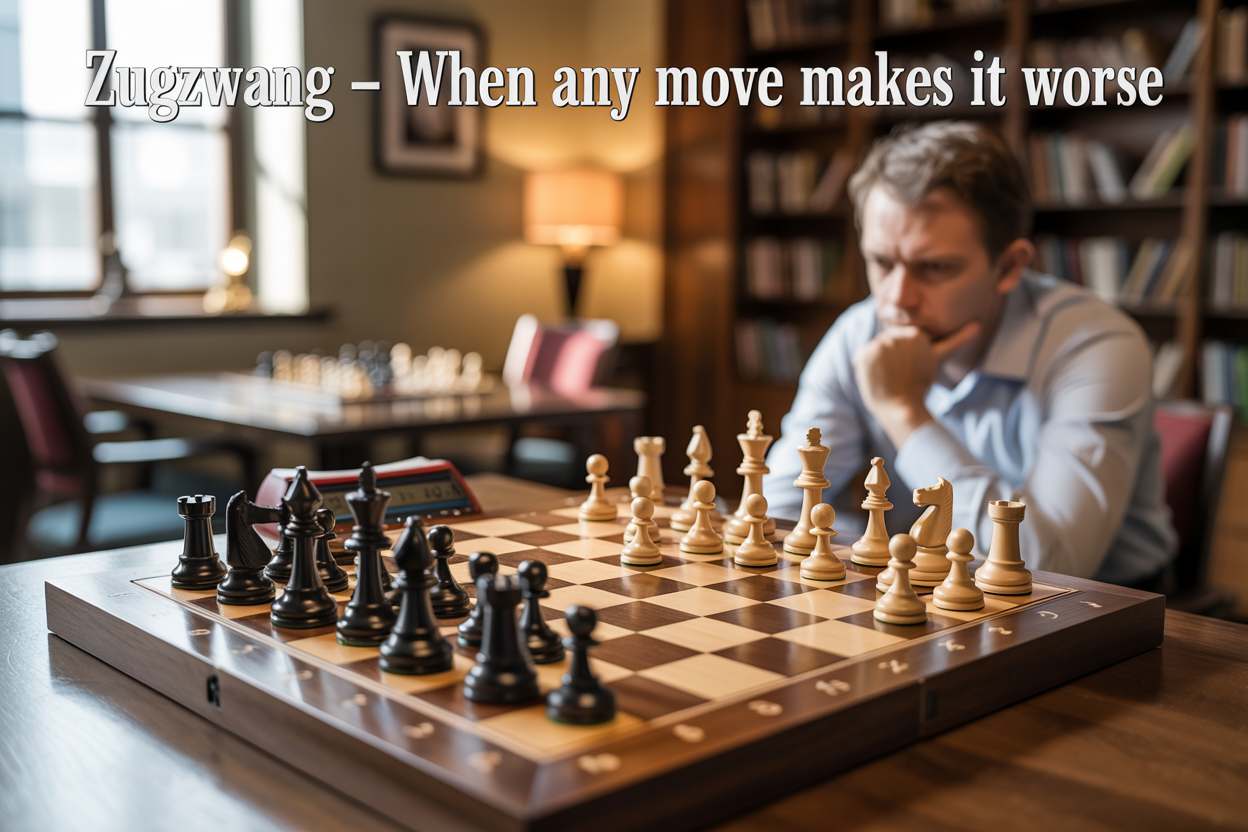 Create a realistic image of a chess board positioned at a dramatic angle showing a mid-game position where one player is clearly in zugzwang, with chess pieces casting long shadows under warm ambient lighting, a white male chess player in the background looking contemplative and concerned while studying the board, the scene set in a quiet chess club or study room with wooden furniture and bookshelves, overlaid with the text "ZUGZWANG - When Any Move Makes It Worse" in elegant serif font at the top of the image.