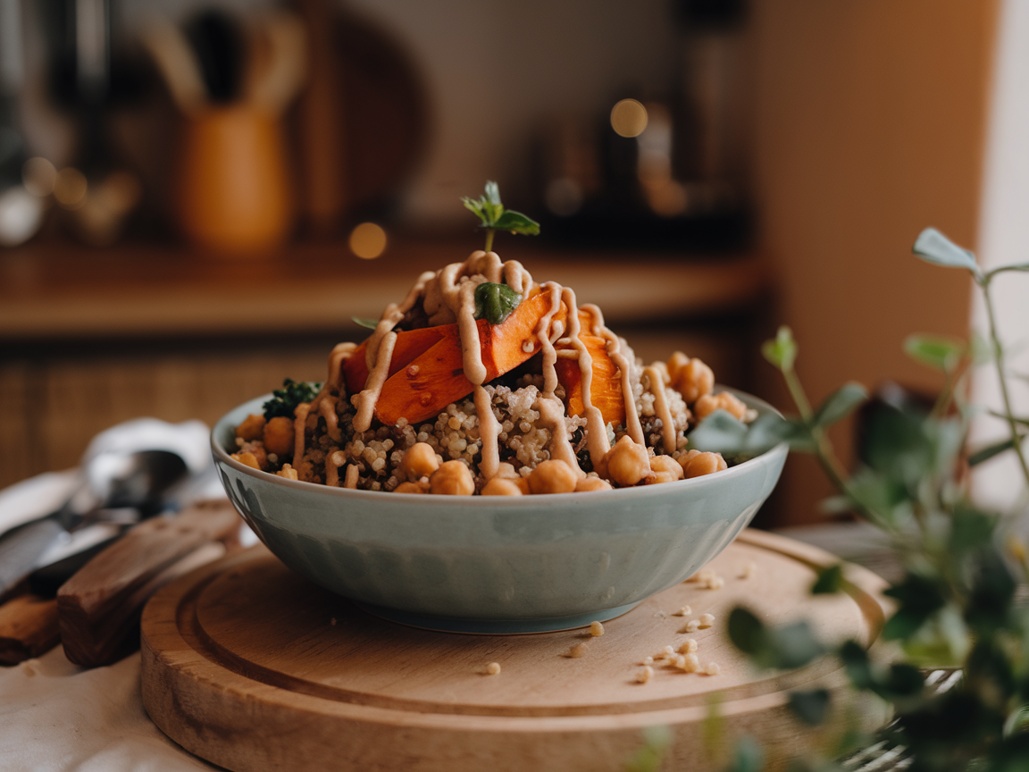 Vegan Buddha bowl with quinoa and tahini
