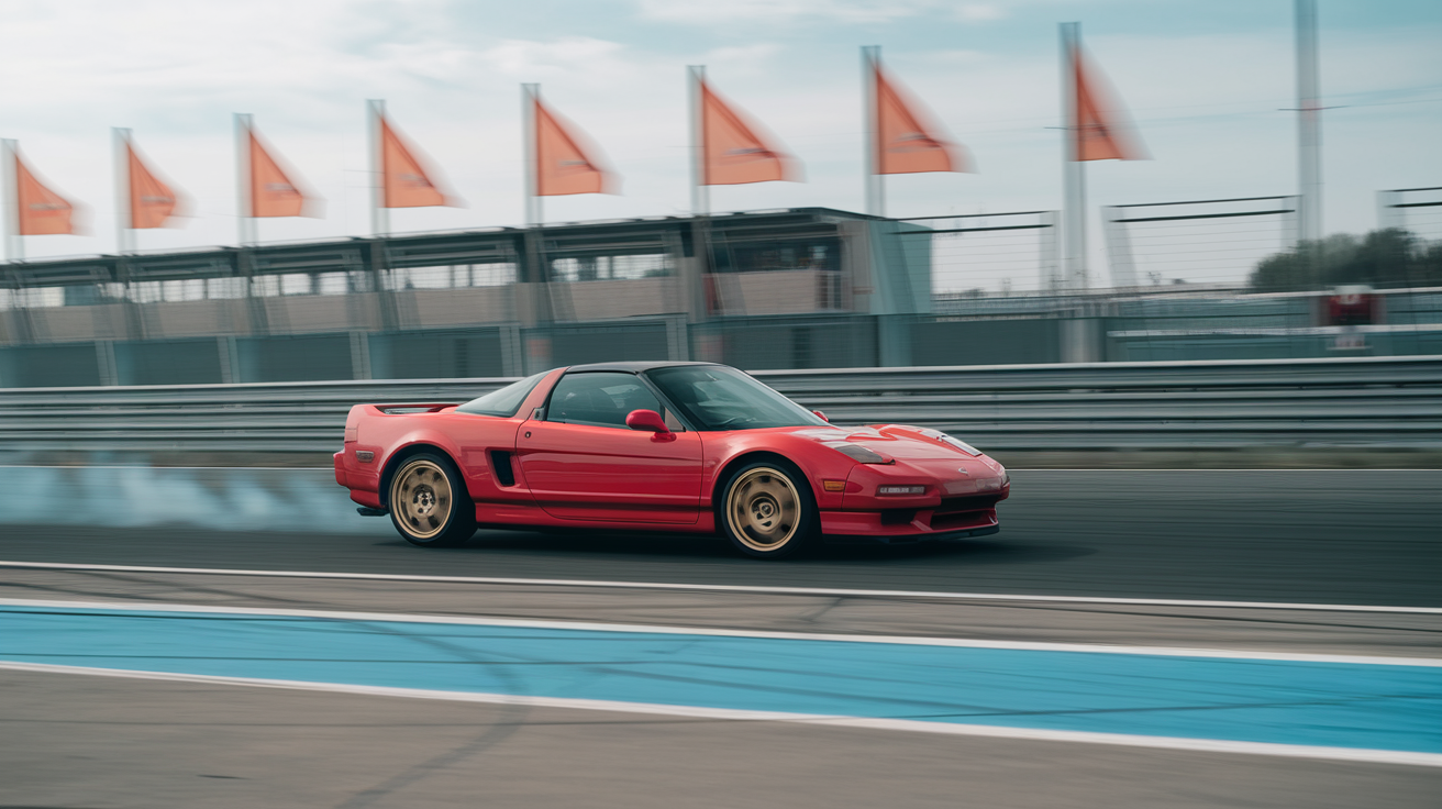A red Honda NSX with gold wheels sat on a racetrack driveby with motion blur