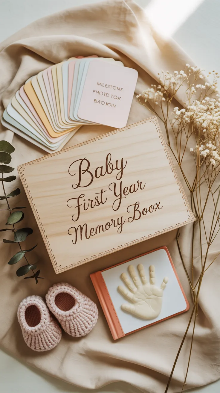 Baby first year keepsake gift set flat lay with personalized box, milestone cards and memory book
