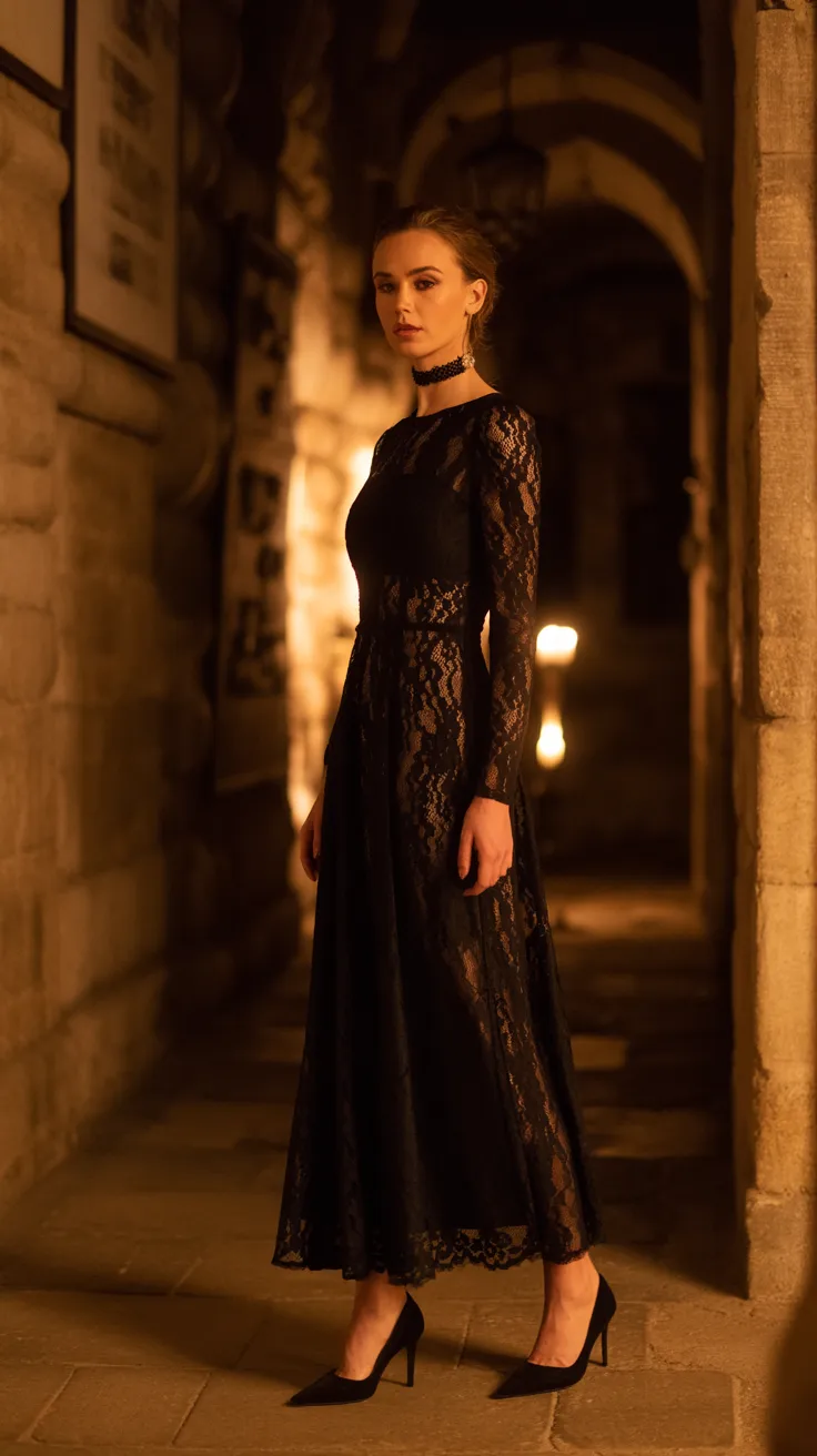 Woman in black lace maxi dress with long sleeves standing in dimly lit stone hallway with candlelight