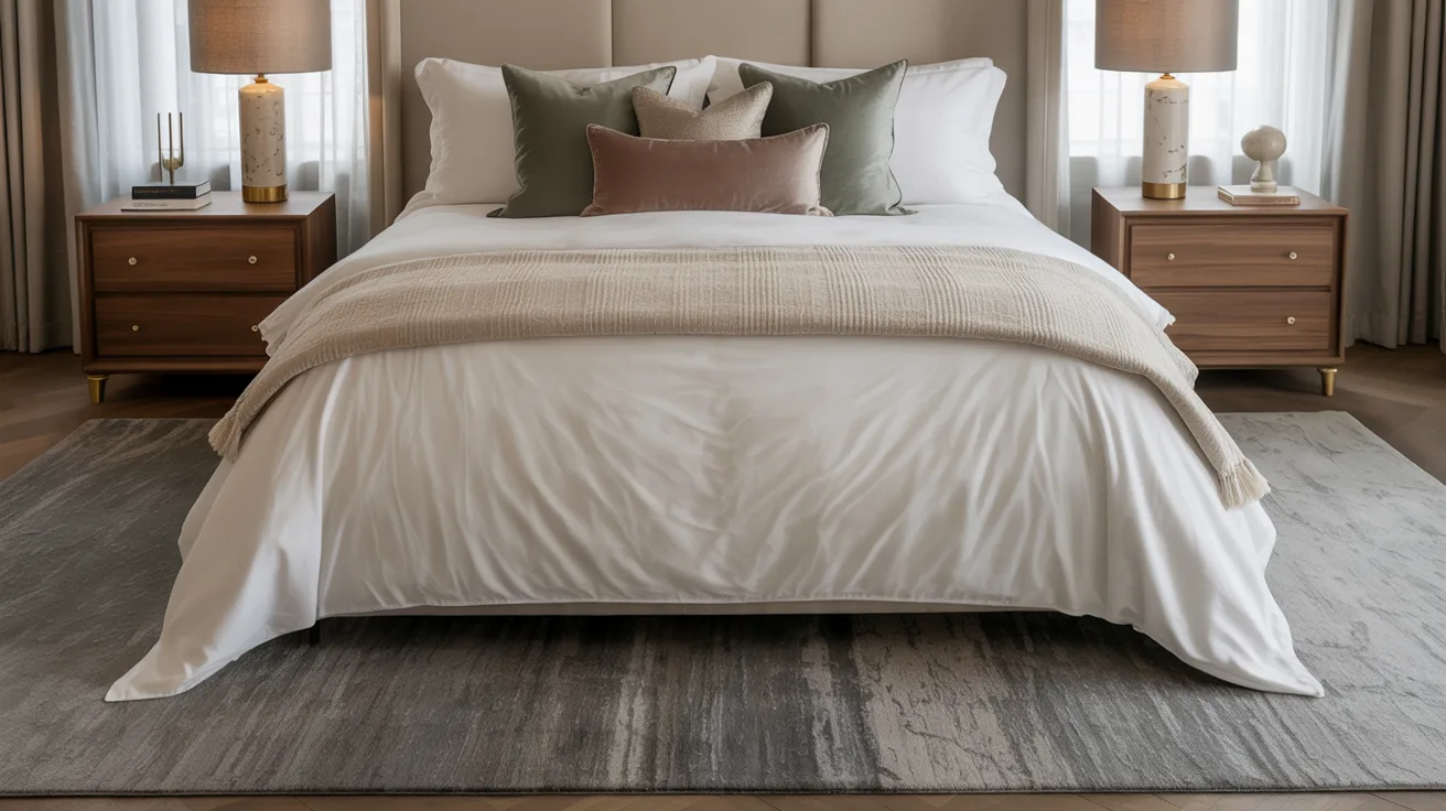 A well-designed bedroom with a large area rug properly grounding the bed, bed centered on oversized rug, layered bedding, elegant nightstands, cohesive, polished room styling, visually balanced, and upscale