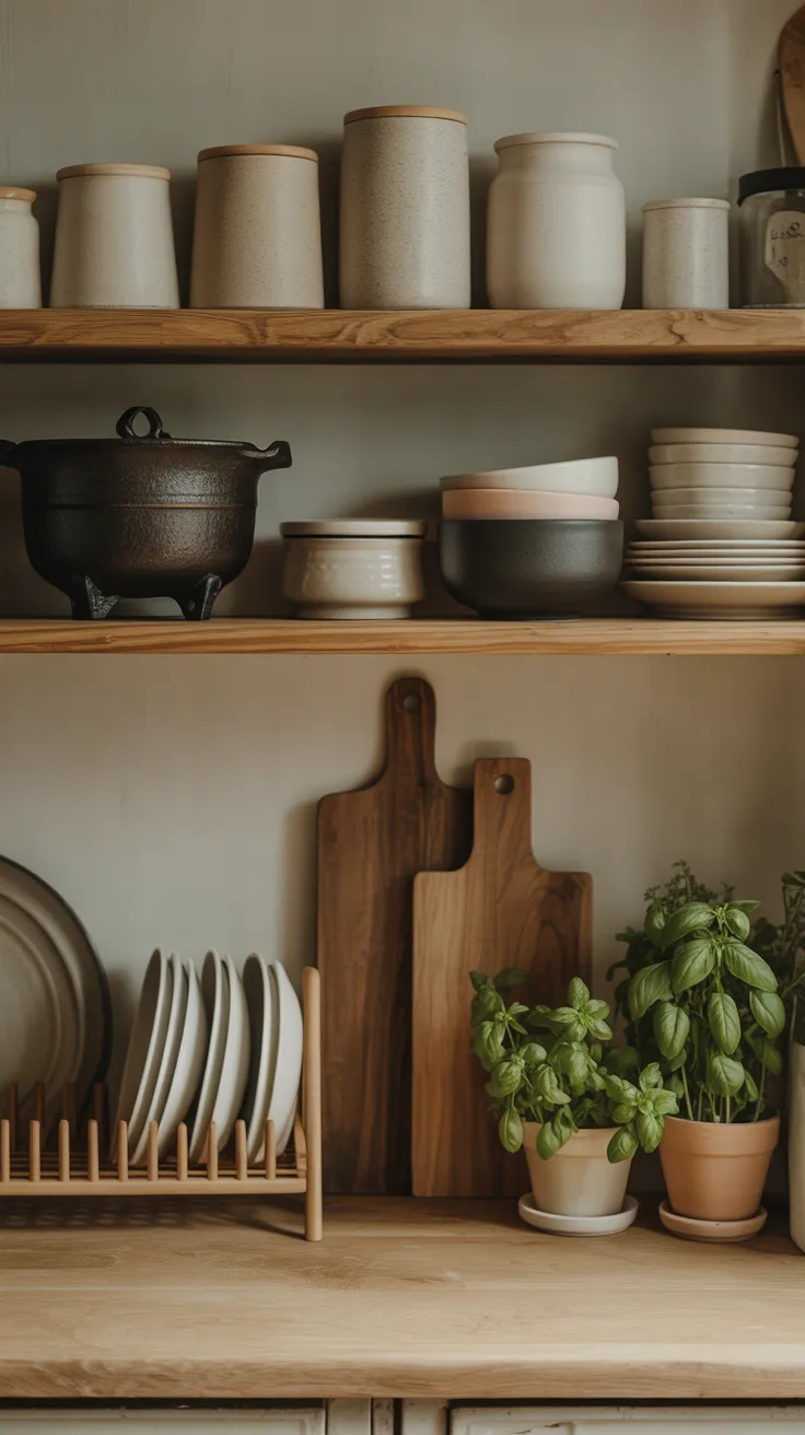 Japandi kitchen with dark walnut floating shelves, matte ceramic mugs, matte black gooseneck kettle, and linen towels with black stripe.