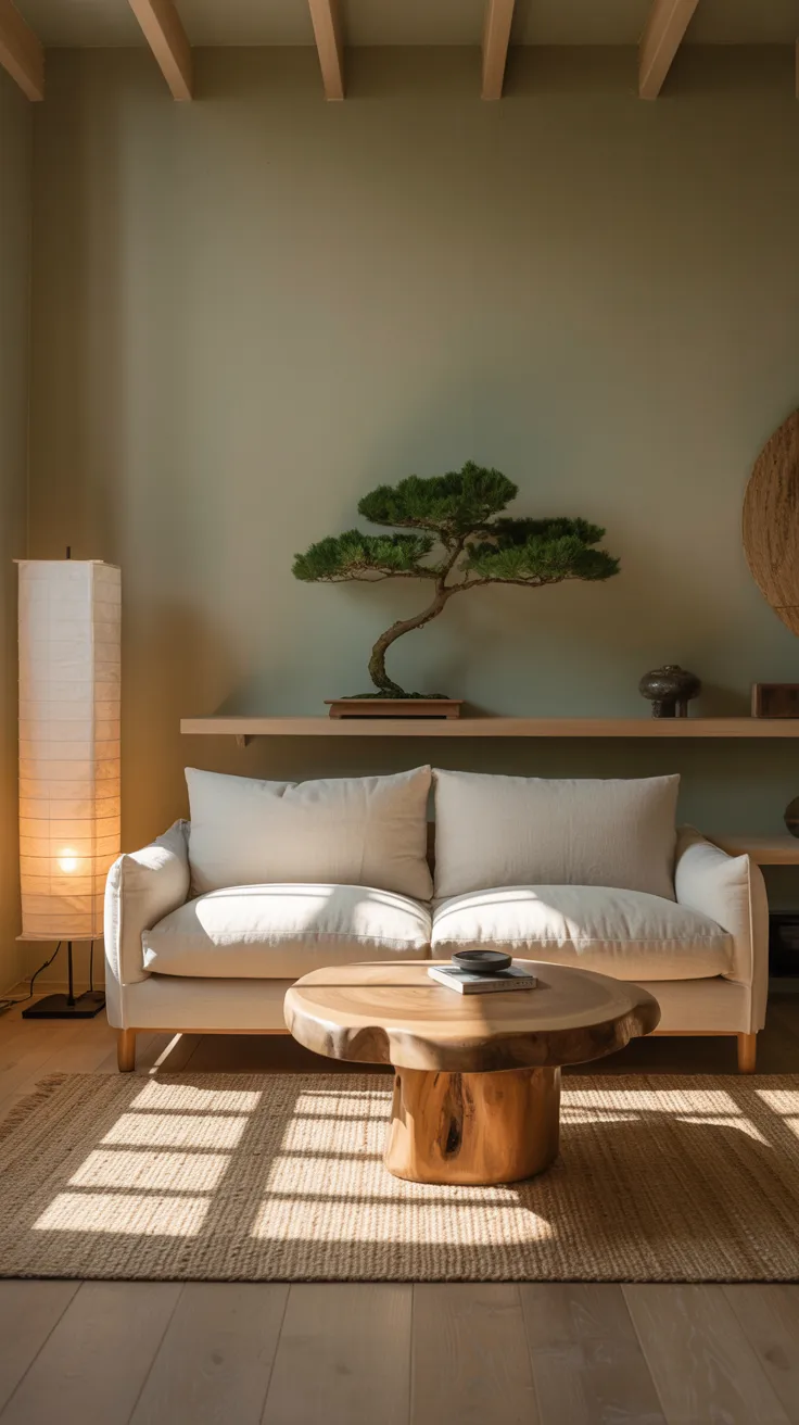 Japandi living room with low charcoal boucle sofa, dark walnut coffee table, rattan lounge chair, washi paper pendant light, and linen area rug.