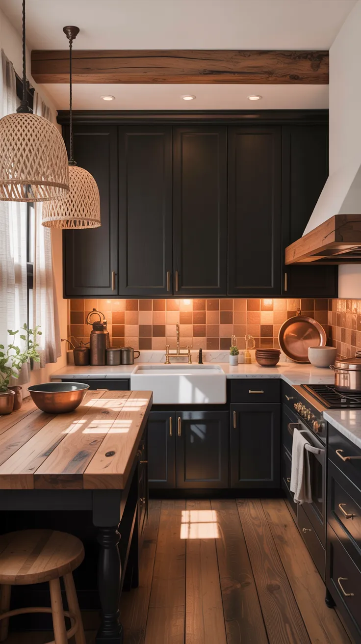 A modern farmhouse kitchen interior with dark charcoal gray cabinets and a rustic wooden beam across the ceiling. The kitchen features a terracotta tile backsplash in a geometric pattern. A large woven rattan pendant light hangs above a wooden island with a live-edge butcher block countertop. The island has a farmhouse-style white apron sink with a brass faucet. The flooring is wide-plank hardwood in a warm brown tone. A black built-in oven is positioned on the right wall. The countertops are white marble. Various copper and brass-toned kitchenware, including a kettle, pots, and bowls, are arranged on the countertops. A small green plant in a white pot sits on the windowsill. Natural sunlight streams in through a window with white curtains, creating dramatic shadows on the floor. The kitchen has under-cabinet lighting that casts a warm glow on the backsplash. A wooden bar stool with a round seat is tucked under the island. The overall color palette consists of warm woods, charcoal grays, terracotta, and white.