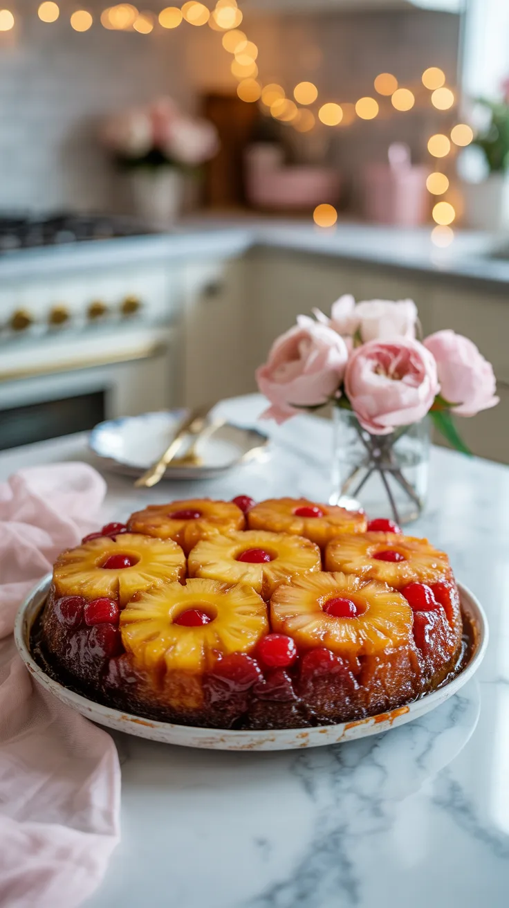 Golden caramelized crushed pineapple upside down cake just flipped onto a white serving plate