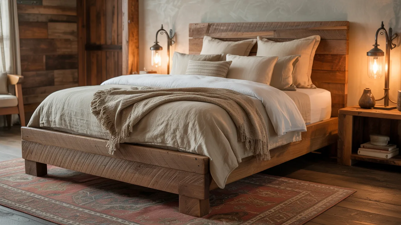 A warm rustic bedroom with natural wood and earthy textures, a wood bed frame, layered neutral bedding, a vintage rug, iron accents, a cozy lamp glow, a grounded and welcoming atmosphere, and elegant rustic home decor styling