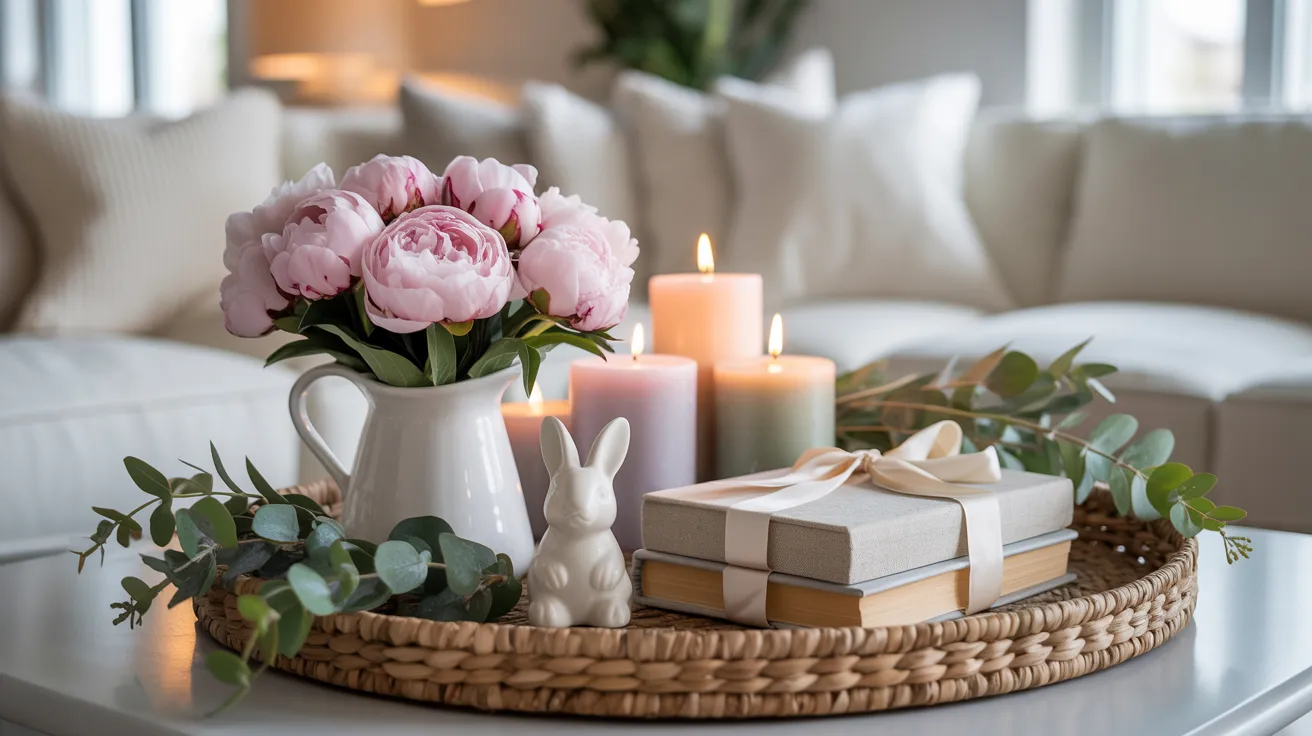 Spring coffee table hero styled vignette with seagrass tray and blush peonies
