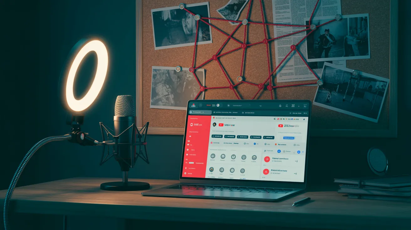 Dark moody true crime YouTube creator desk setup with professional microphone ring light and evidence board
