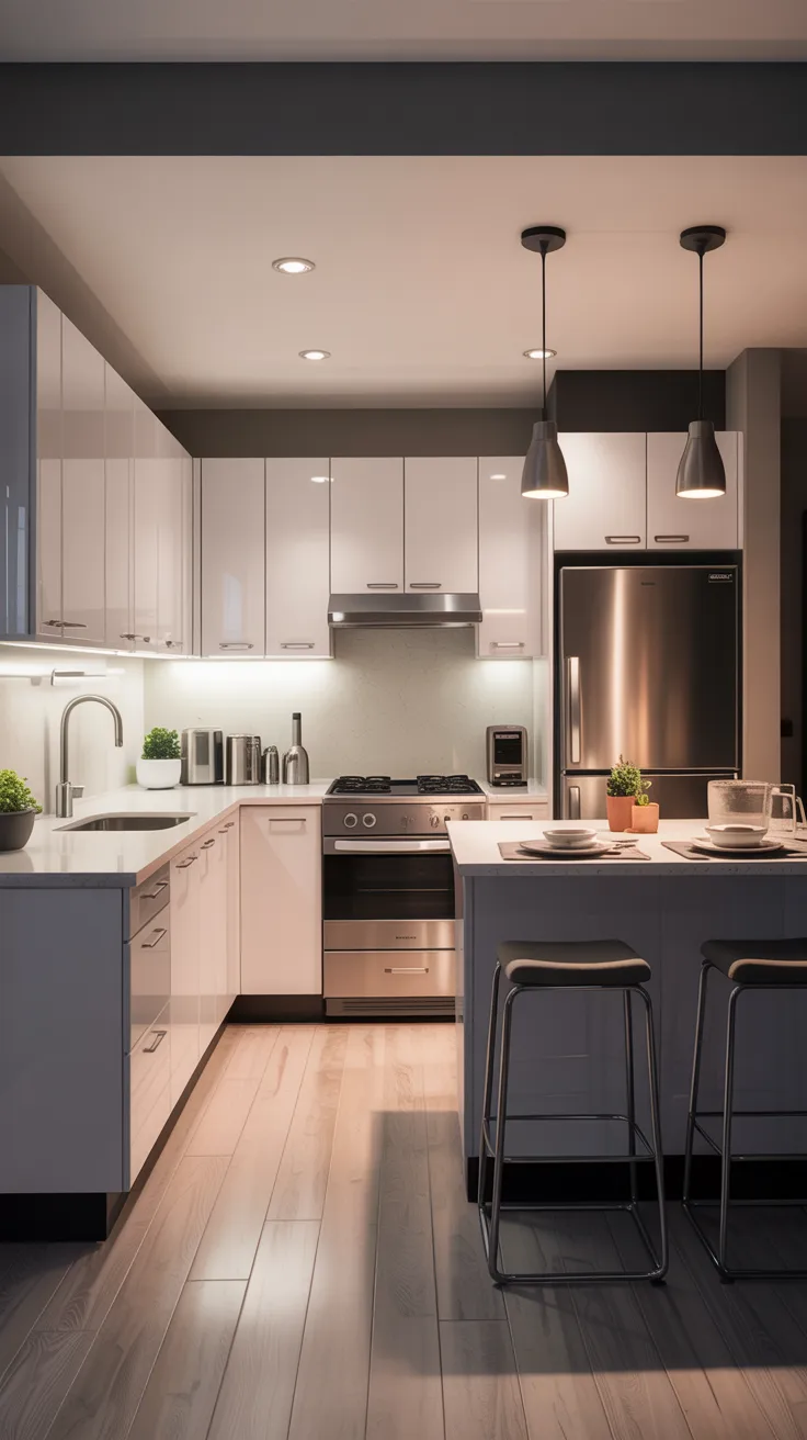 A modern, minimalist kitchen interior with a light pink and gray color scheme. The kitchen features white upper cabinets with silver handles and a light pink lower cabinet base. A stainless steel range hood and gas stove are mounted above the cooking area. The kitchen has hardwood flooring in a light brown tone running parallel to the cabinets. Three black pendant lights with cone-shaped shades hang from the ceiling. A stainless steel refrigerator stands at the end of the kitchen. The countertops are white with a quartz finish. Small potted plants in terracotta pots are placed on the counter near the refrigerator. The backsplash is white and extends from the counter to the upper cabinets. Recessed lighting in the ceiling provides additional illumination. The kitchen has a breakfast bar with three black metal bar stools. The overall design creates a clean, contemporary aesthetic with a warm, inviting atmosphere.