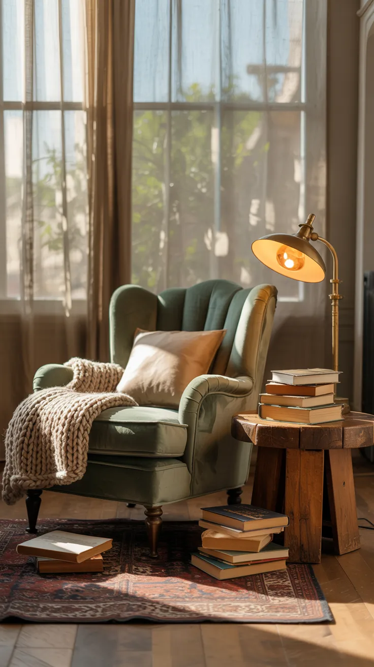 cozy bedroom reading corner with upholstered armchair, soft throw blanket, small lamp glow, books stacked nearby, window light, peaceful retreat atmosphere