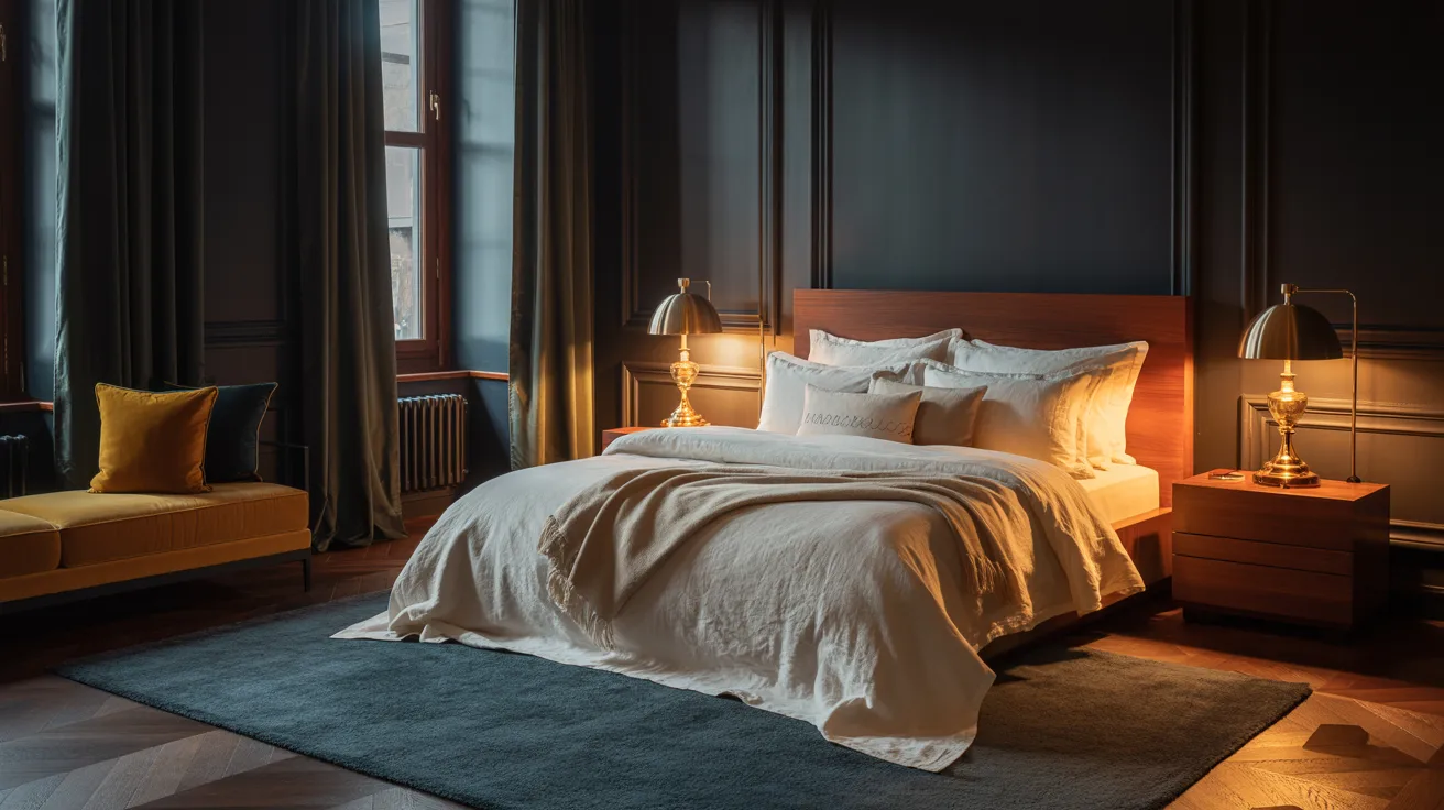 A dramatic dark bedroom in a deep livable tone like charcoal, olive, or navy, soft cream bedding, warm wood furniture, elegant lamp glow, plush textures, rich moody atmosphere, luxurious and cocooning bedroom design