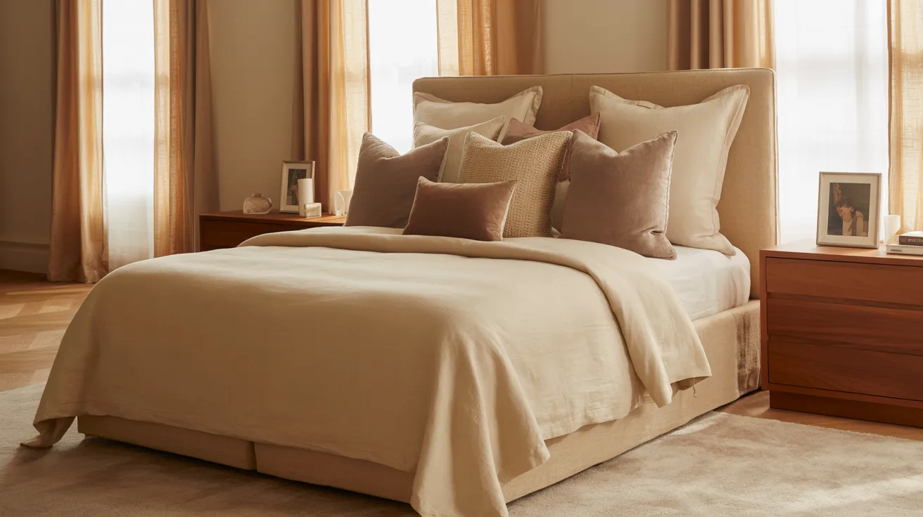 A layered neutral bedroom using multiple beige and warm neutral tones, cream bedding, taupe pillows, sand-colored curtains, oat upholstered headboard, warm wood accents, subtle tonal variety throughout, luxurious but soft and livable bedroom styling