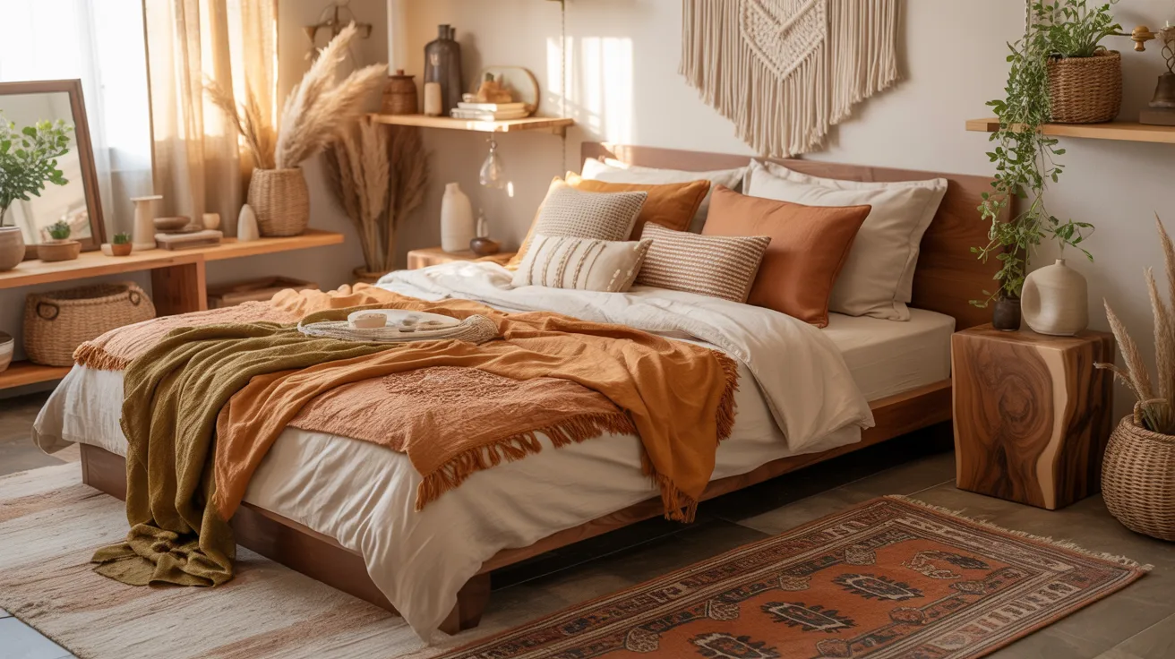 A boho bedroom in earthy tones of terracotta, cream, sand, clay, and olive, richly layered textiles, soft lighting, warm wood furniture, cozy and expressive styling, elevated earthy decor 