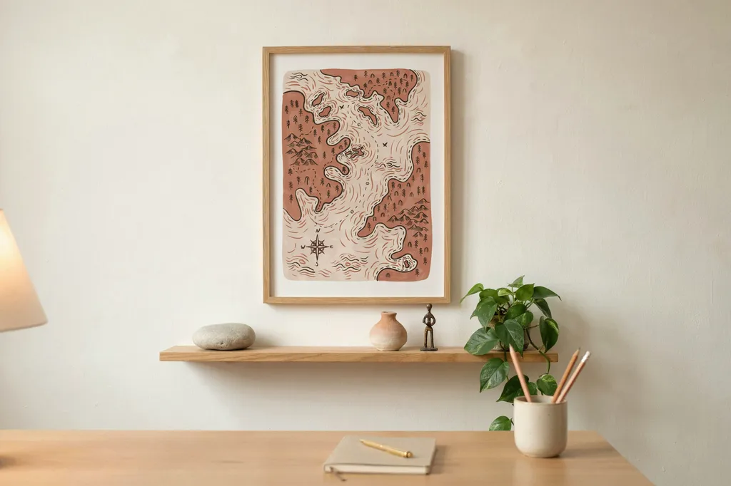 A framed matte art print of an abstract fantasy map in muted terracotta and ink hanging above a tidy desk in warm lamp light