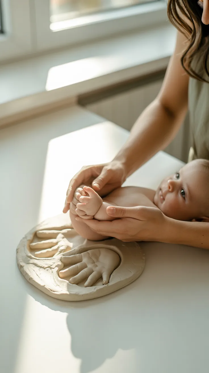 Mother's hands pressing baby's tiny hand into clay handprint kit on white table