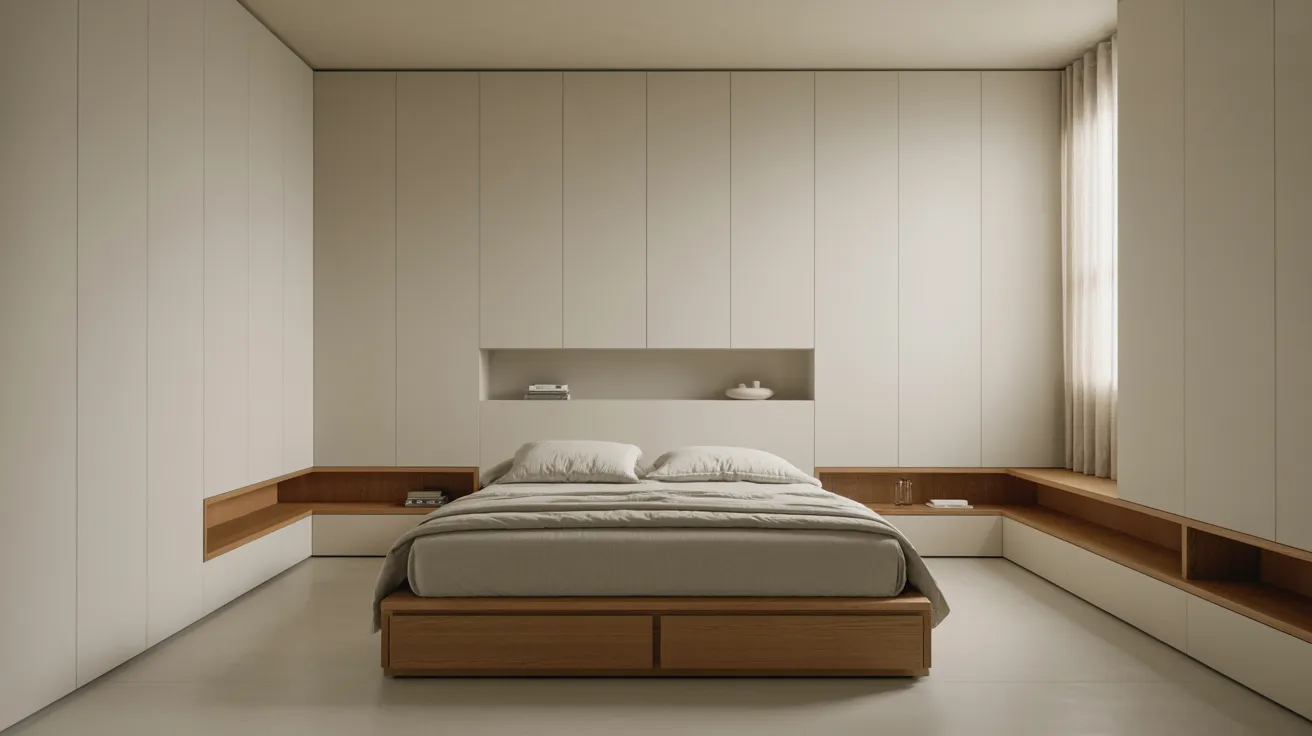 A minimalist bedroom with beautiful built-in or hidden storage,  clean-lined furniture, storage bed or integrated cabinetry, calm neutral palette, tidy surfaces, functional and elegant minimalist room design