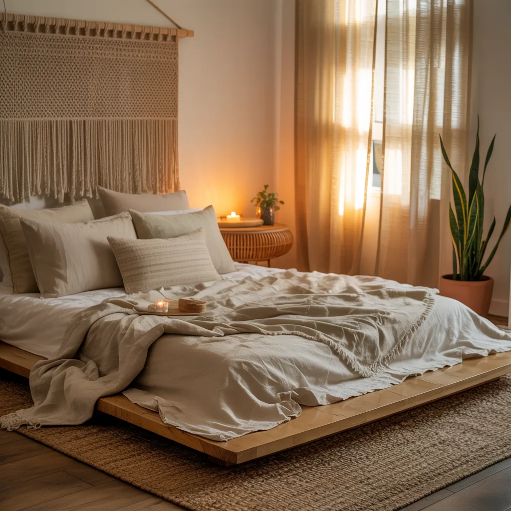 Serene boho minimalist bedroom with macramé wall hanging, linen duvet, rattan nightstand, snake plant, and warm golden lighting