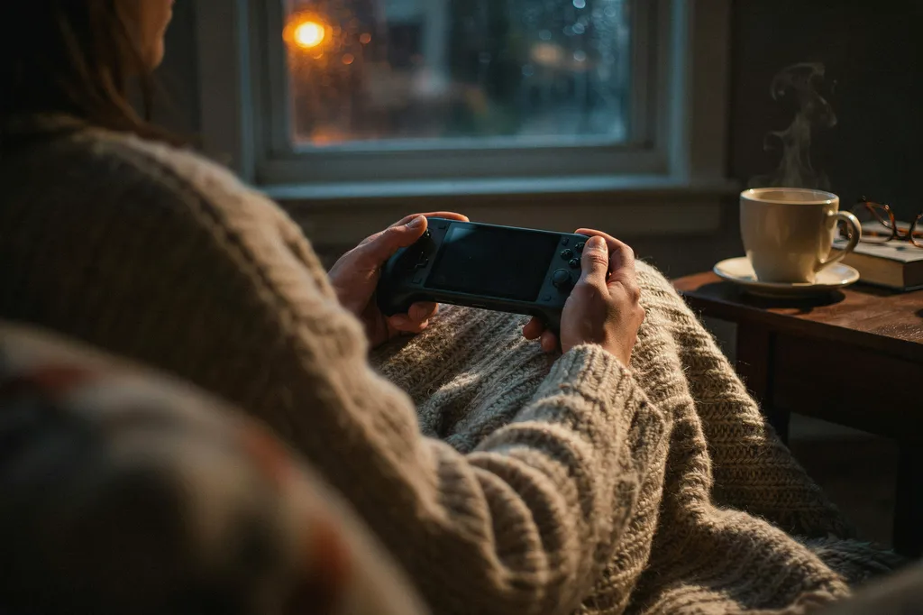 Hands holding a small handheld console under a thick woven blanket with a warm ceramic mug on a wooden side table and a rain-blurred window behind