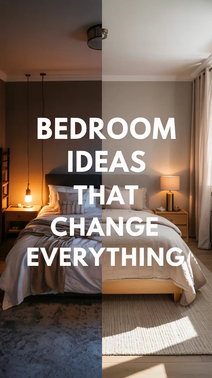 left side showing a cluttered, dim, mismatched bedroom with poor lighting and messy bedding, right side showing a calm, aesthetic, beautifully styled bedroom with layered neutral bedding, warm bedside lamps, soft curtains, textured rug, natural wood furniture, peaceful morning light, editorial interior design photography, ultra realistic, luxurious but attainable, cozy and inviting, Pinterest-worthy composition, high contrast transformation effect, clean styling, soft shadows, elegant home decor magazine look