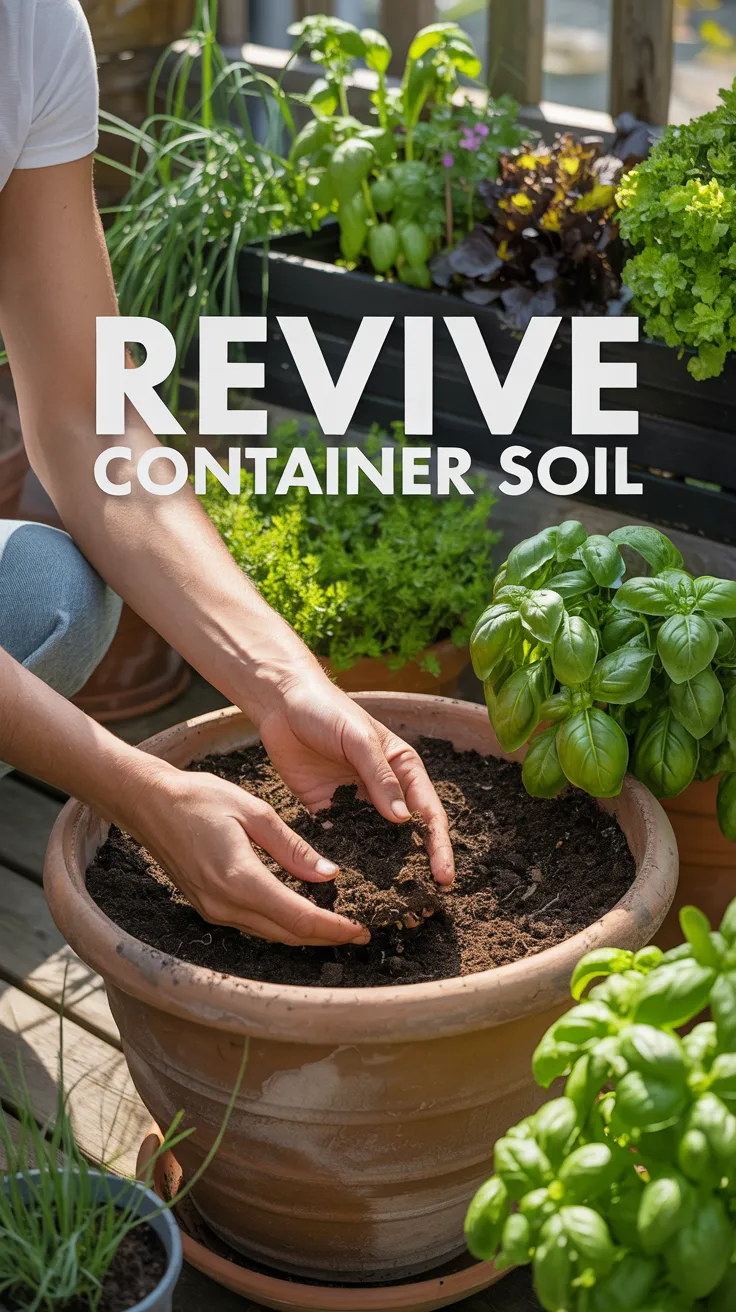 Hands mixing worm castings into container soil to refresh nutrients in a patio garden planter.