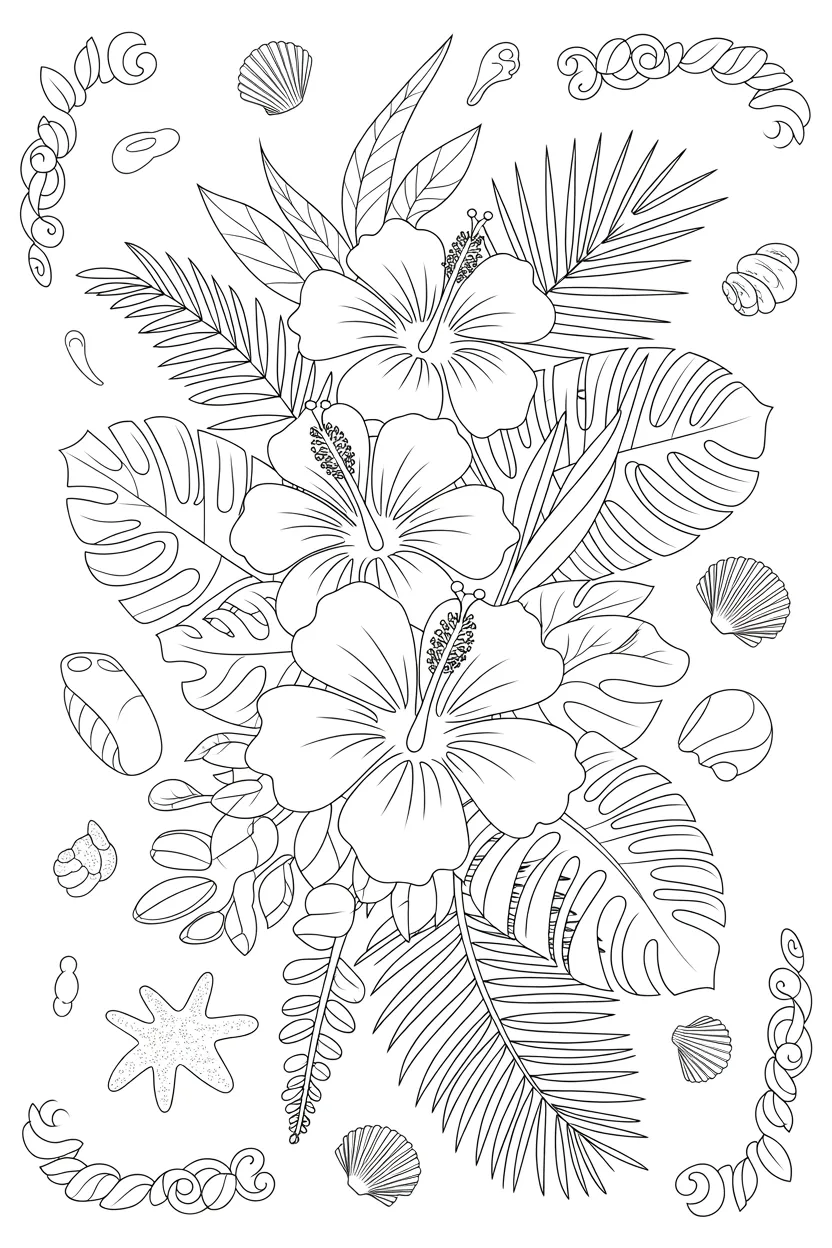 Hibiscus flowers coloring pages free printable
