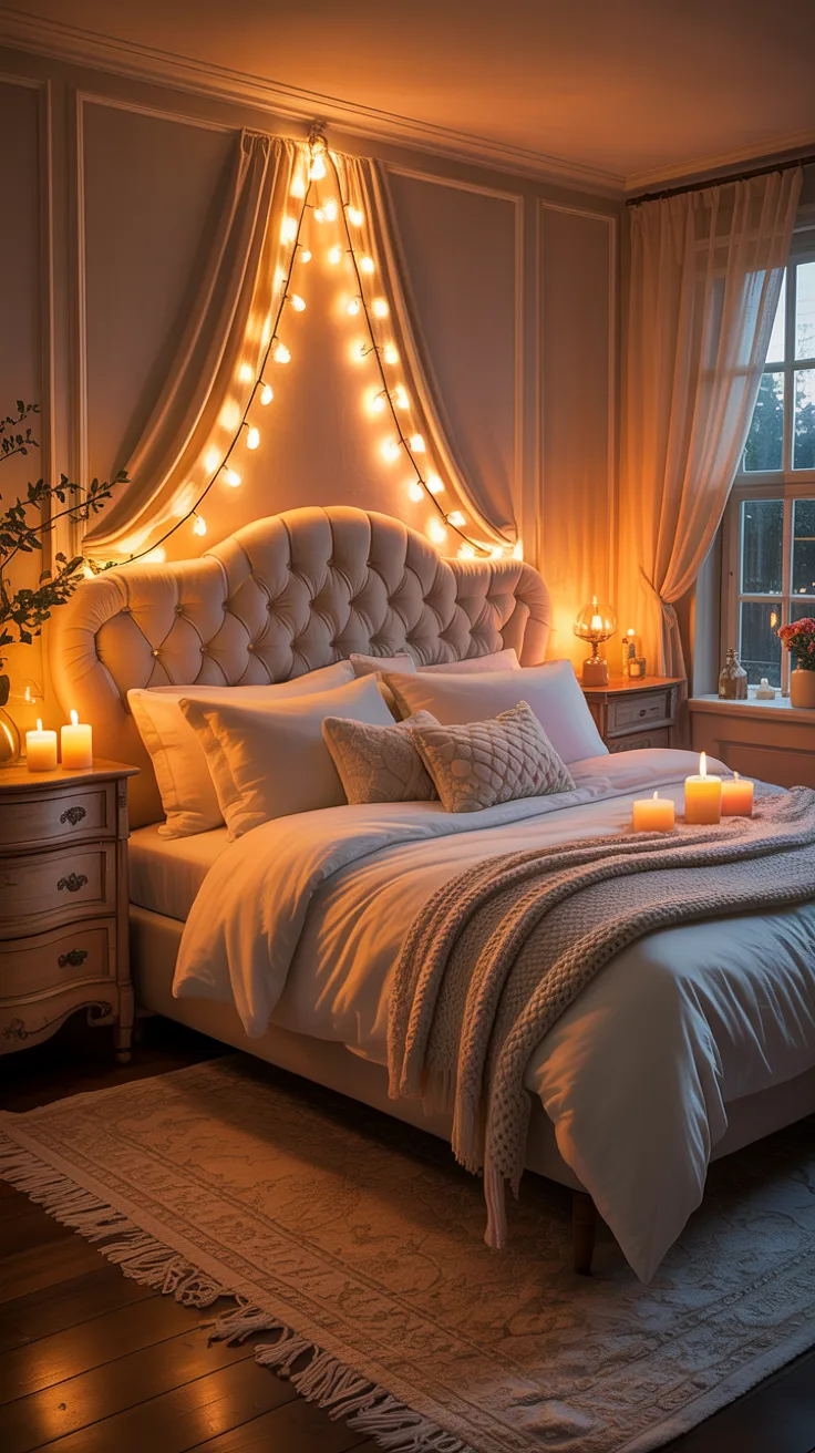 romantic cozy bedroom with string lights draped behind headboard, candles glowing on dresser, layered white bedding, soft textured rug, dreamy warm glow, evening ambiance, emotional lighting, ultra cozy aesthetic