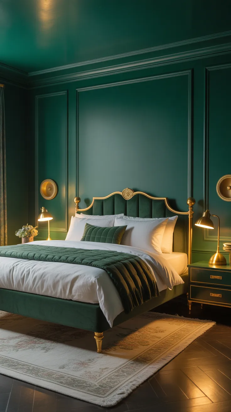 Bedroom with deep dark green walls, 