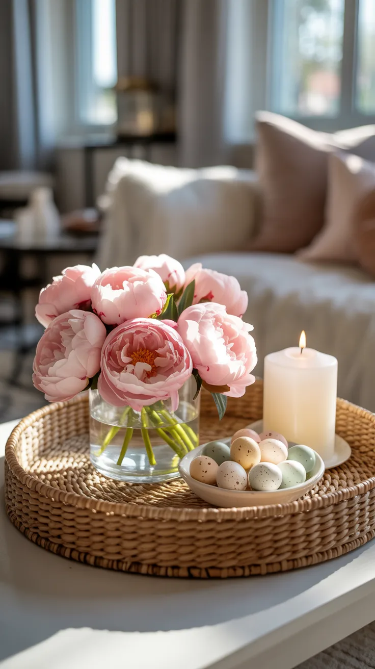 Feminine spring coffee table with seagrass tray and blush peony arrangement