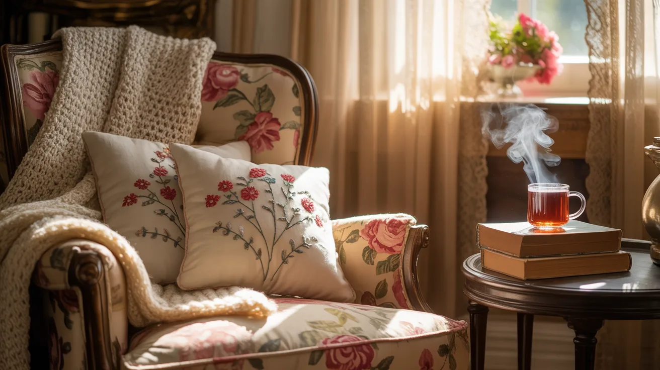 Vintage textiles and quilts layered in a cozy country room