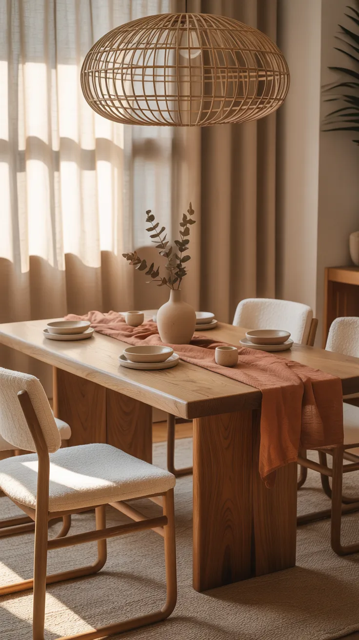 Japandi dining room with dark walnut table, wabi-sabi ceramic plates, wishbone chairs, and washi paper pendants hanging above.